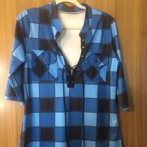 Blue checkered tie up 3/4 sleeve top